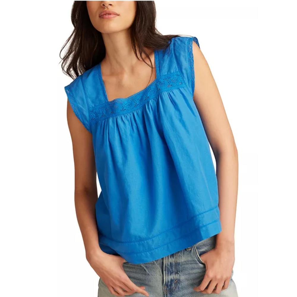 Lucky Brand Womens Large Blue Cotton Crochet Lace Trim Tank Top Blouse - Picture 1 of 6